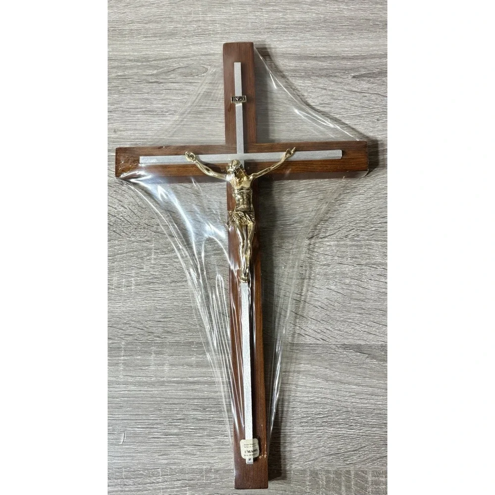 Vintage Wooden Crucifix w/Metal Inlays & Jesus Christ 16